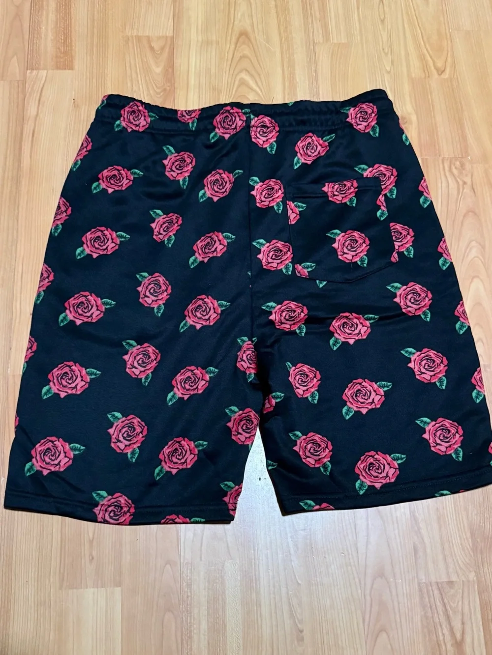 Men's Black Athletic Shorts with Red Rose Print
